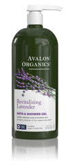 Avalon Organics Revitalizing Lavender bottle, calming shower experience with lavender scent.