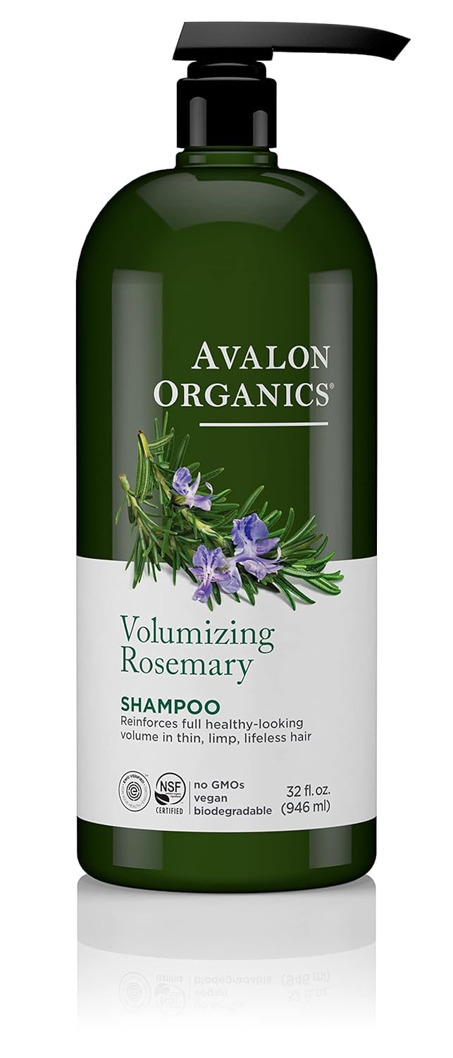 Avalon Organics Rosemary Shampoo bottle shows vegan organic cleansing and volume potential