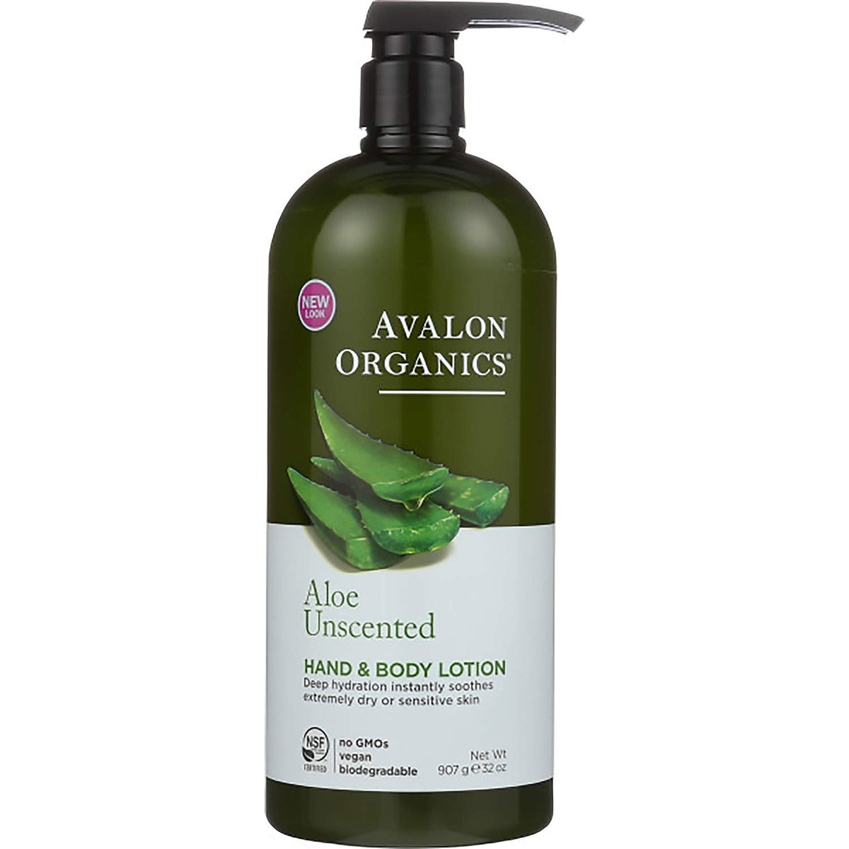 Avalon Organics unscented aloe lotion bottle delivers deep hydration for dry skin.