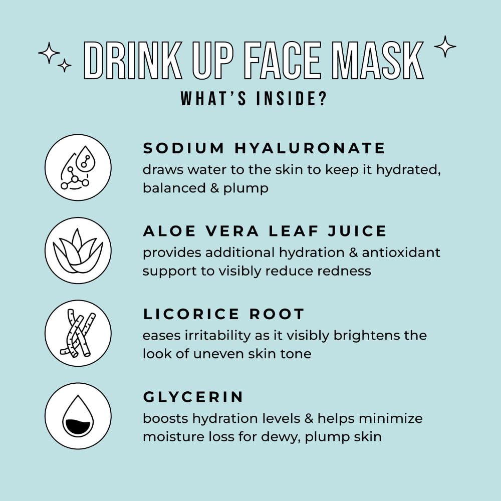 Avatara Drink Up mask on face closeup highlighting soothing moisture.