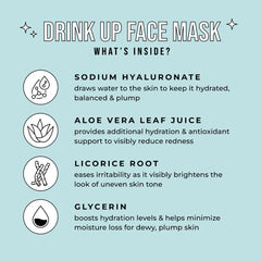Avatara Drink Up mask on face closeup highlighting soothing moisture.