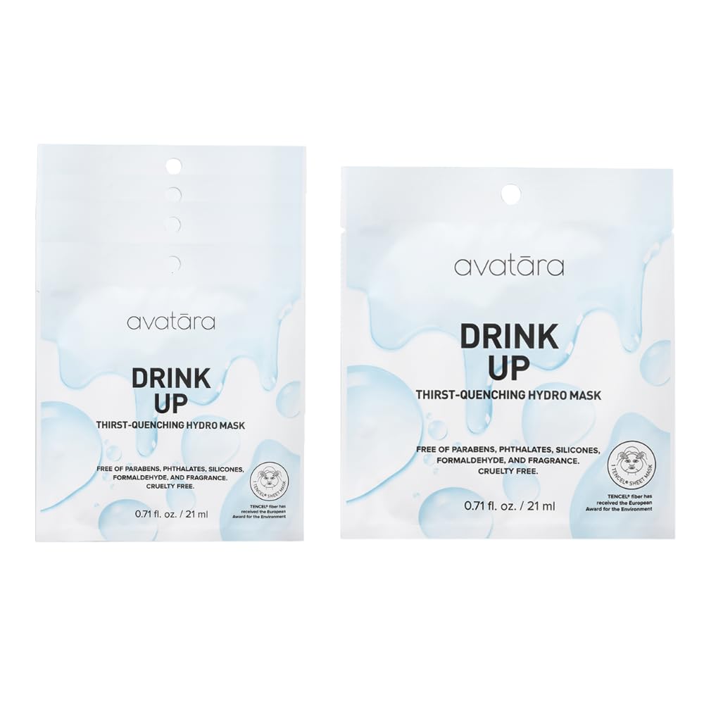 Avatara Drink Up masks pack front showing hydration-packed sheet masks for glowing skin.