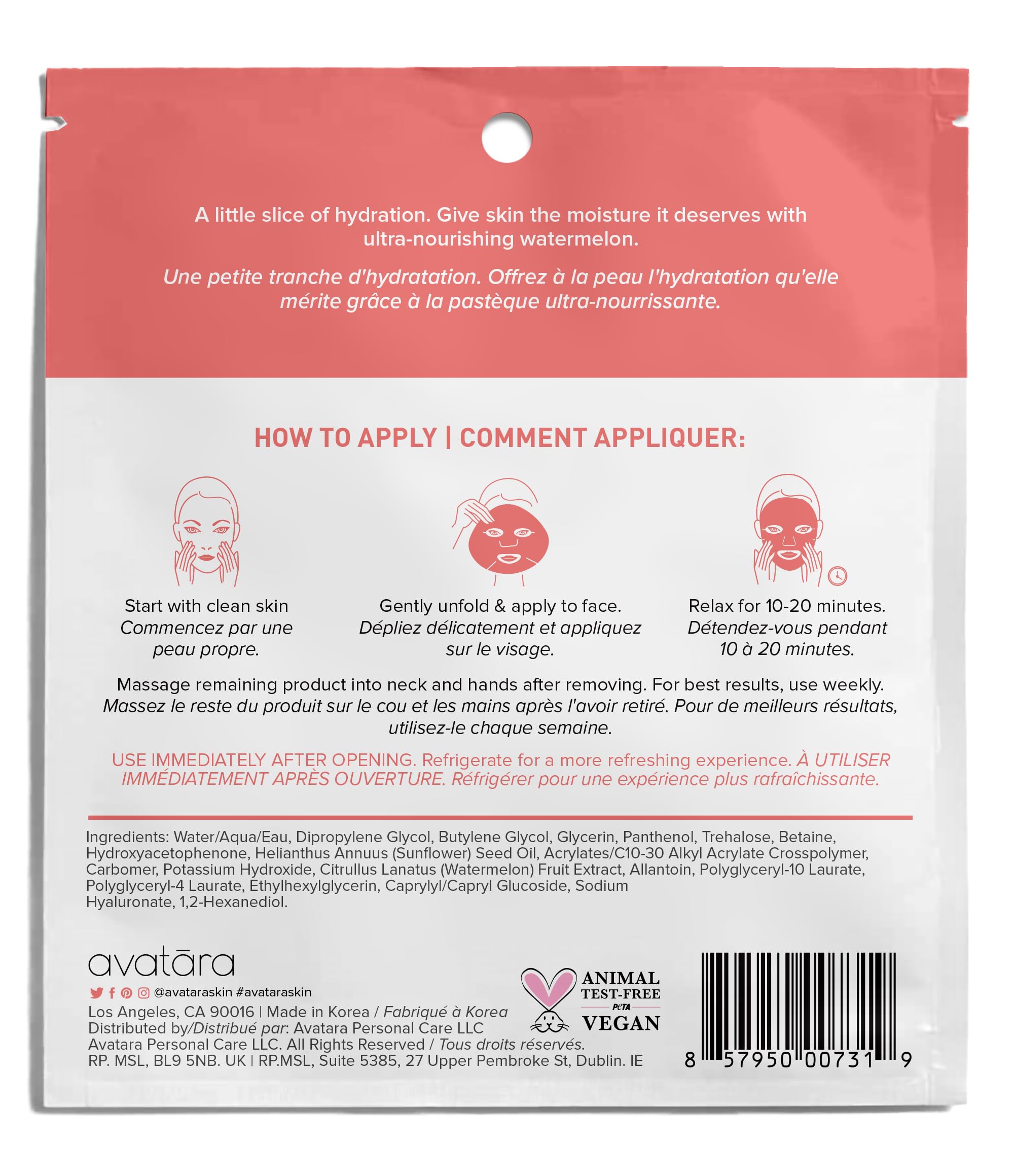 Avatara Juicy Watermellow mask sheet featuring watermelon extract boosts hydration.