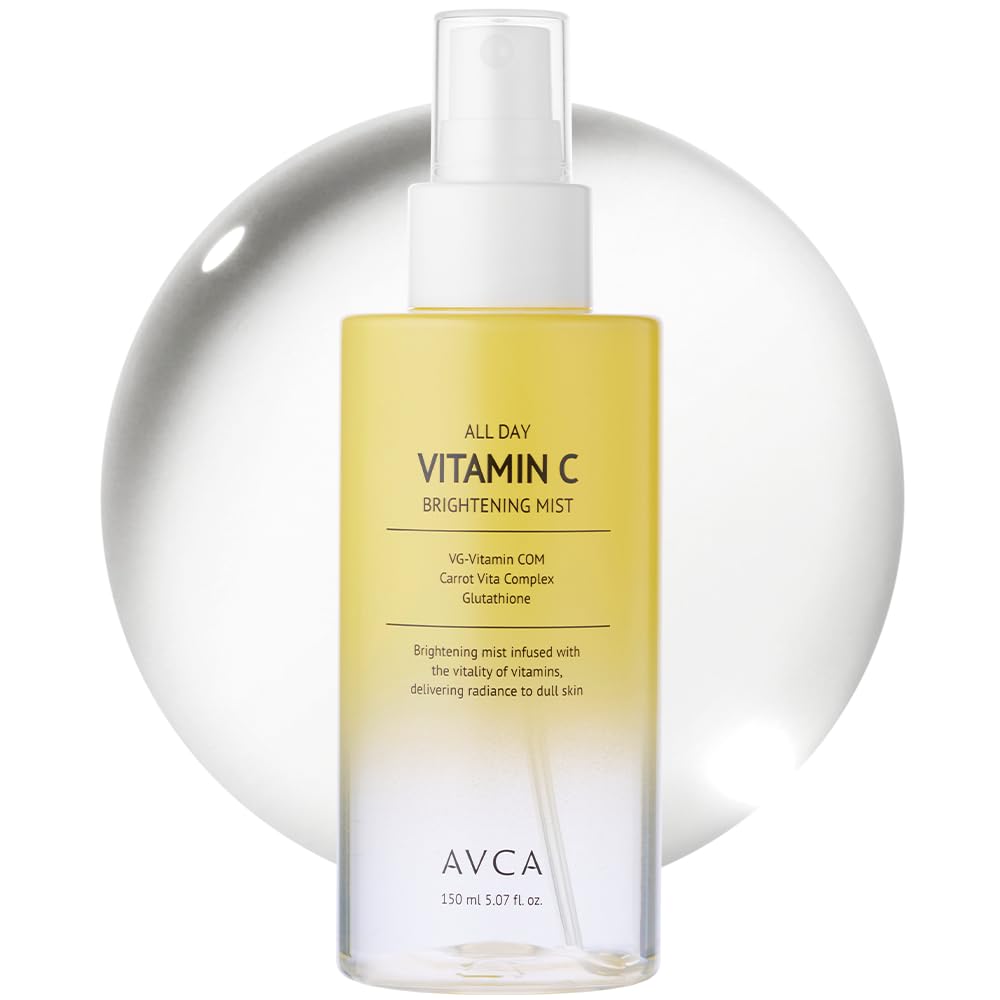 AVCA All Day Vitamin C Brightening Face Mist bottle pouring a fine hydrating mist.