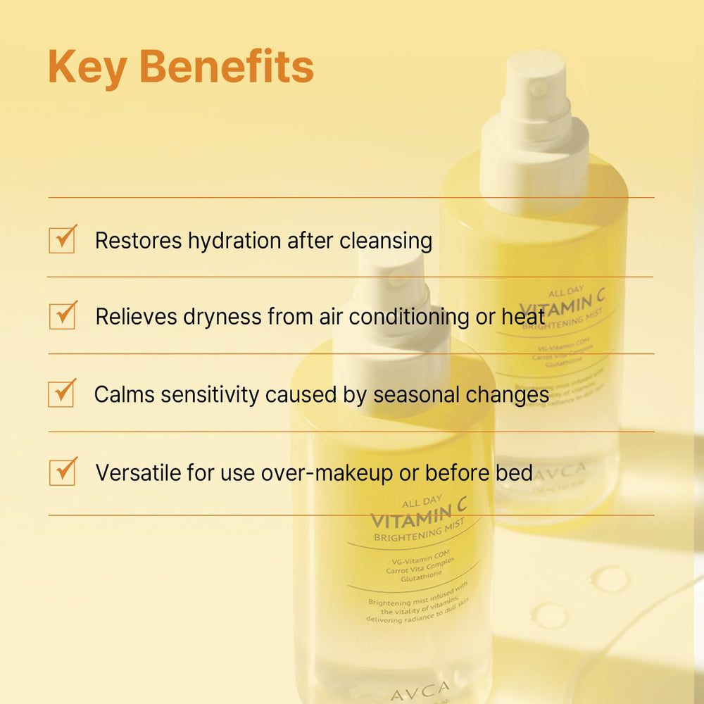 AVCA All Day Vitamin C Brightening Face Mist spray close-up showing ultra-fine mist.