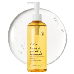 AVCA Blackhead Remover Cleansing Oil bottle-pour demonstrates easy makeup removal.