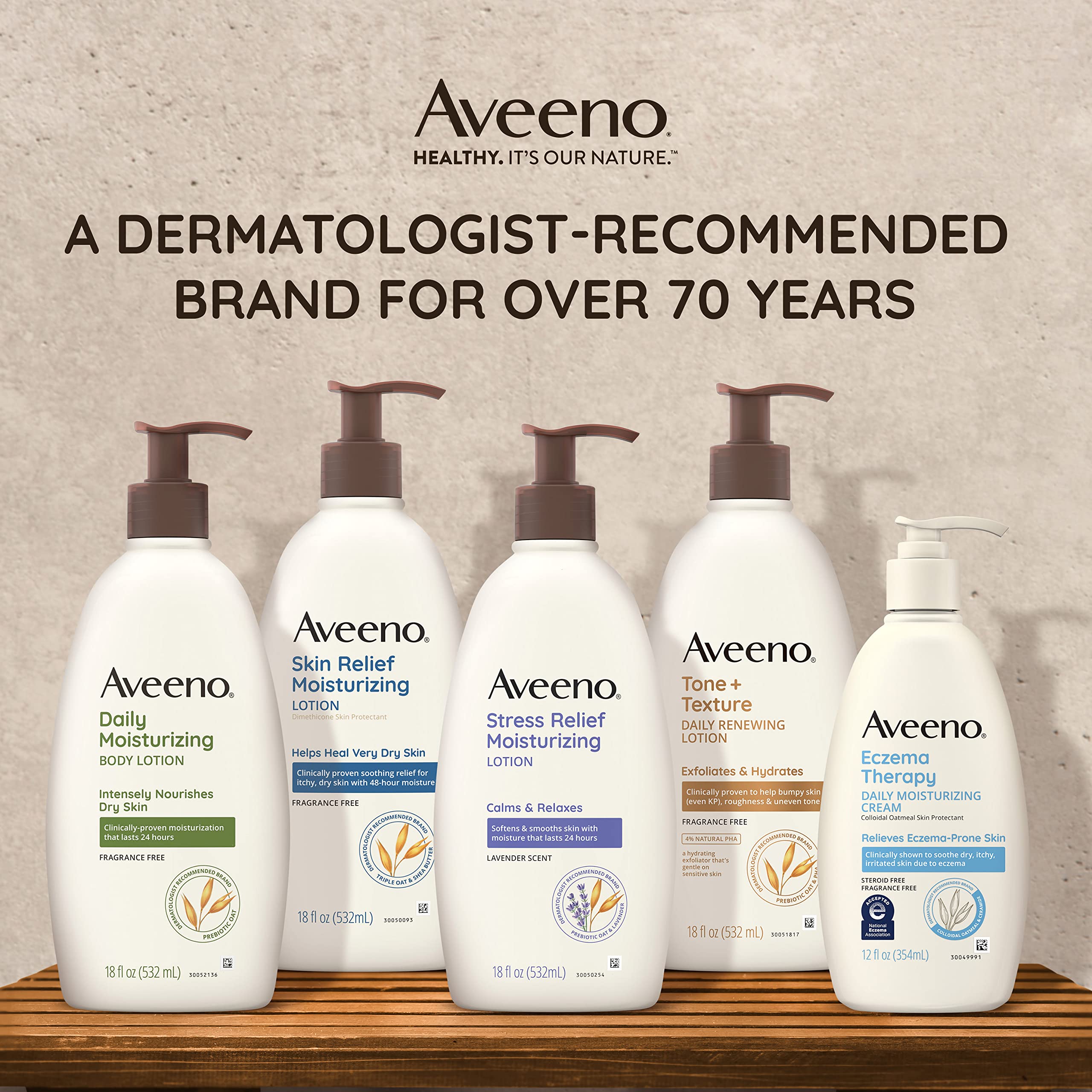 Aveeno two bottles demonstrate 24-hour moisturization coverage.