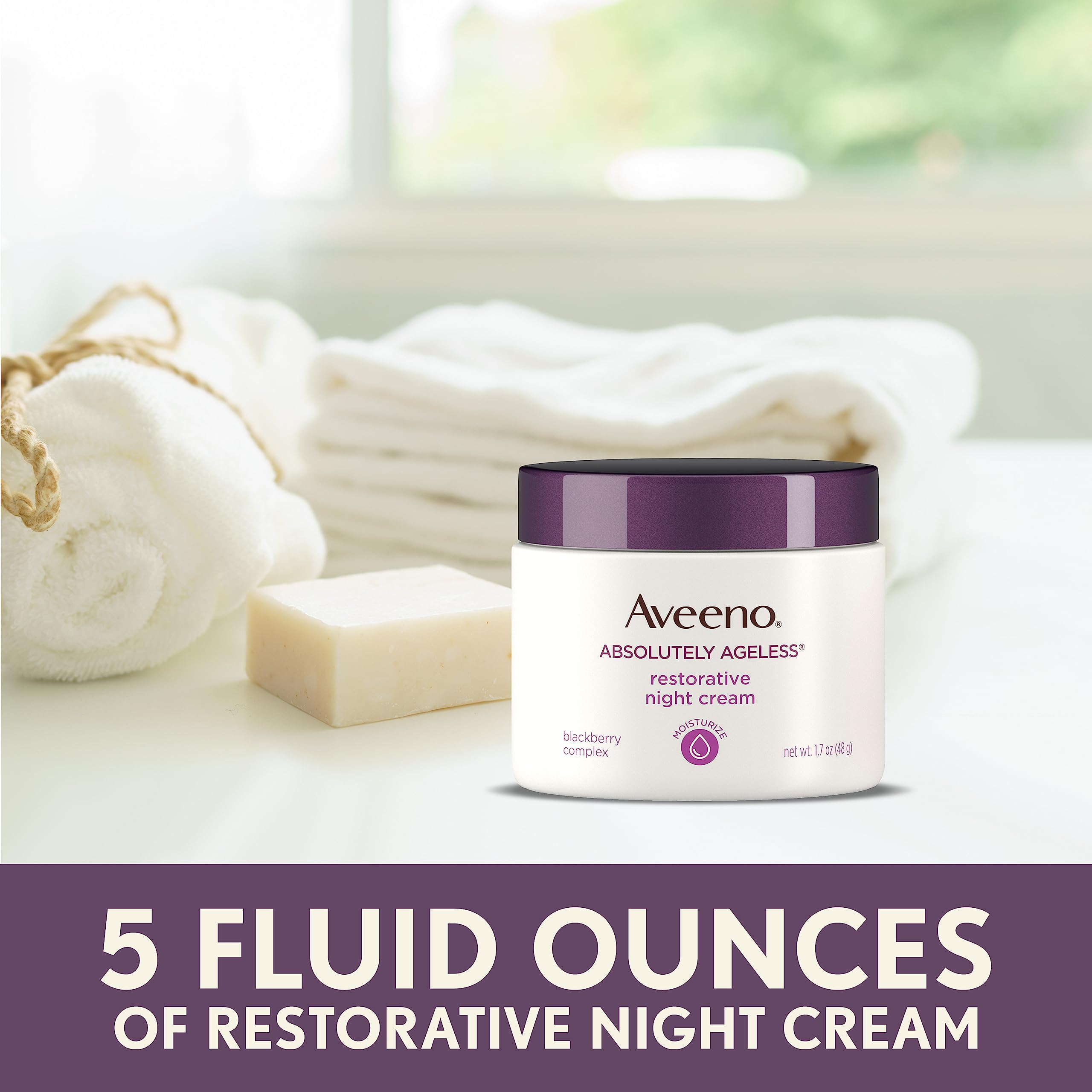 Aveeno Absolutely Ageless night cream jar side view with premium packaging