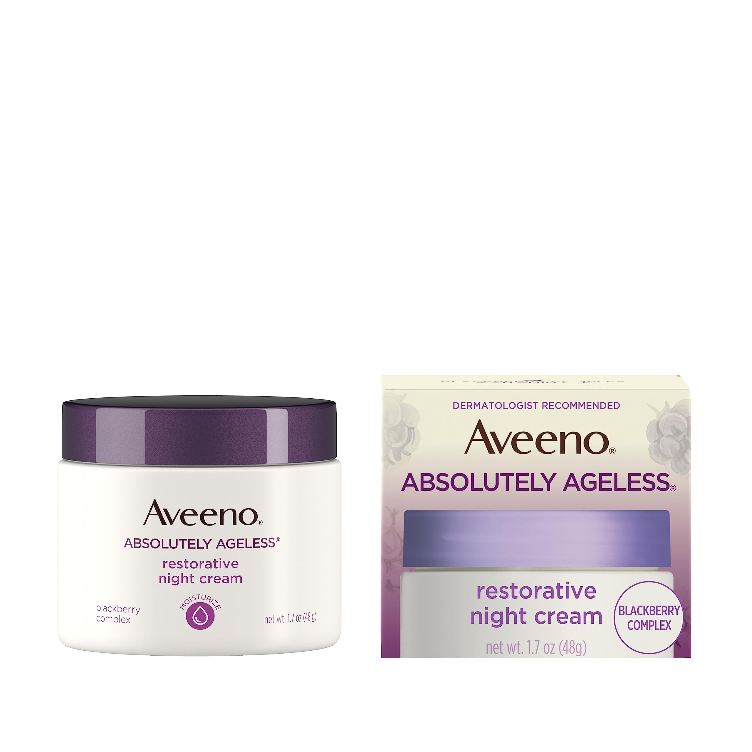 Aveeno Absolutely Ageless night cream label closeup highlighting Blackberry Complex