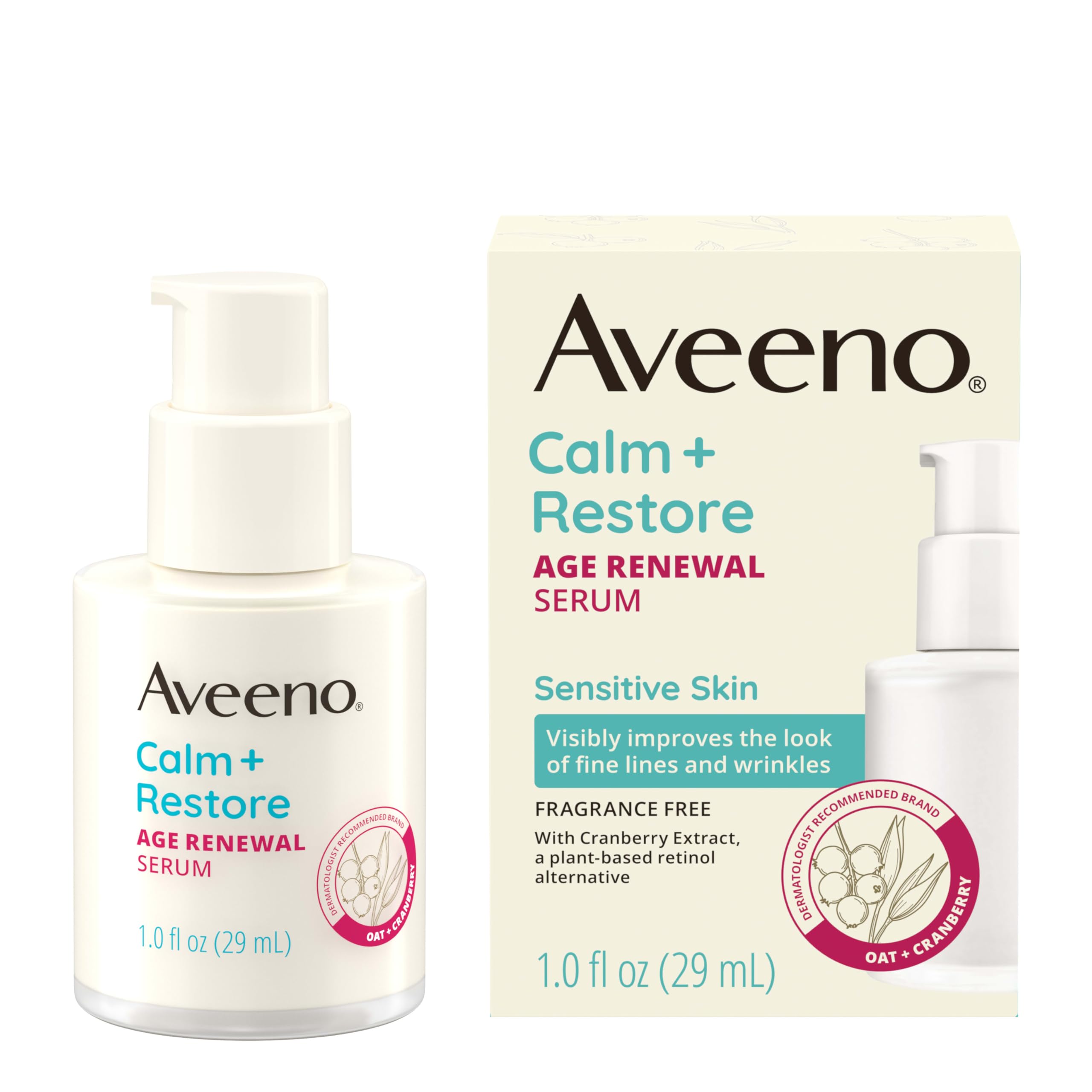 Aveeno Calm Restore Age Renewal Serum bottle showing fragrance-free formula for sensitive skin