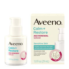 Aveeno Calm Restore Age Renewal Serum bottle showing fragrance-free formula for sensitive skin