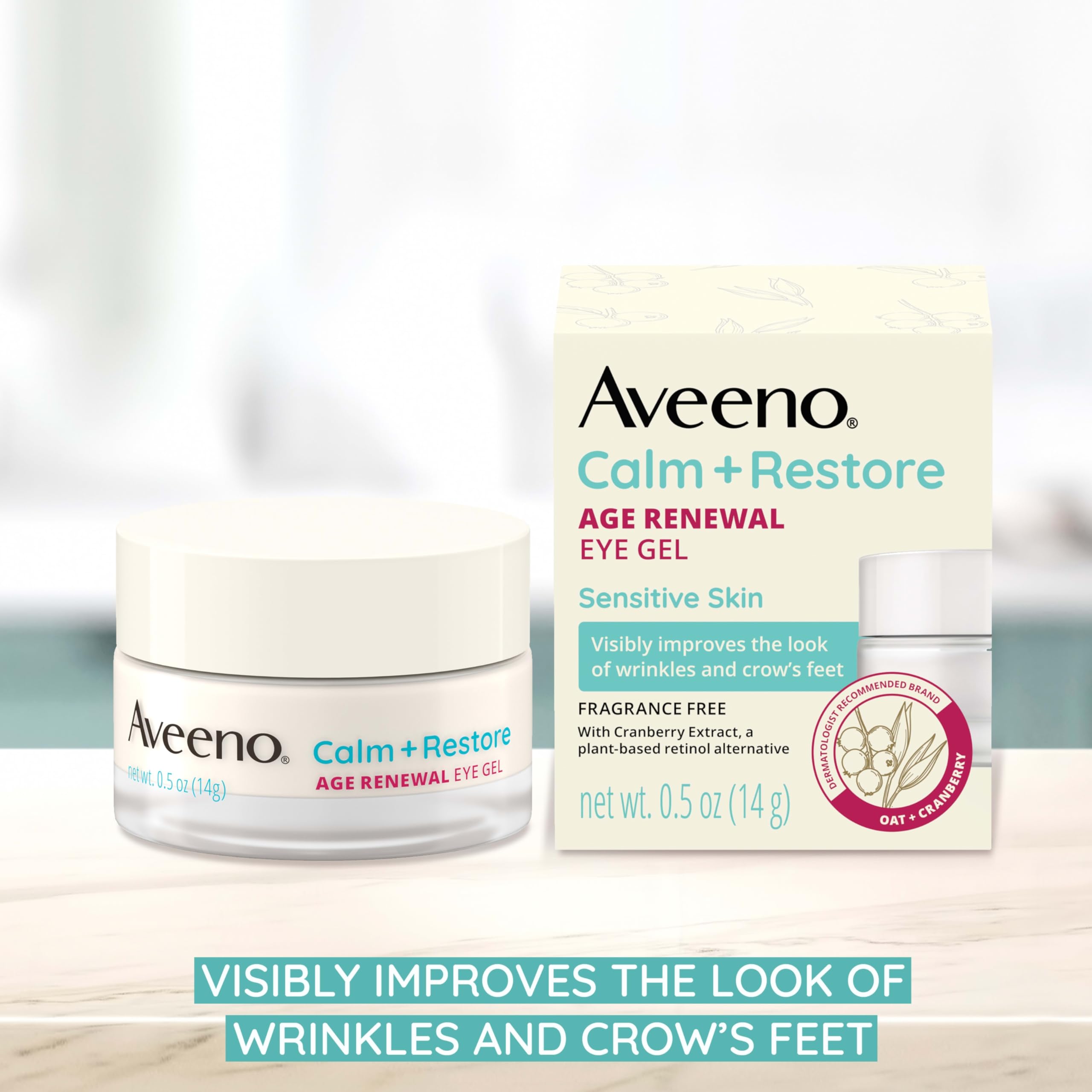 Aveeno Calm + Restore Eye Gel cranberry extract label highlights gentle plant-based retinol alternative.