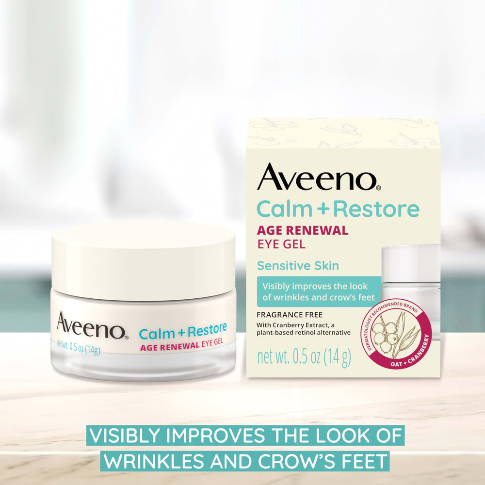 Aveeno Calm + Restore Eye Gel cranberry extract label highlights gentle plant-based retinol alternative.