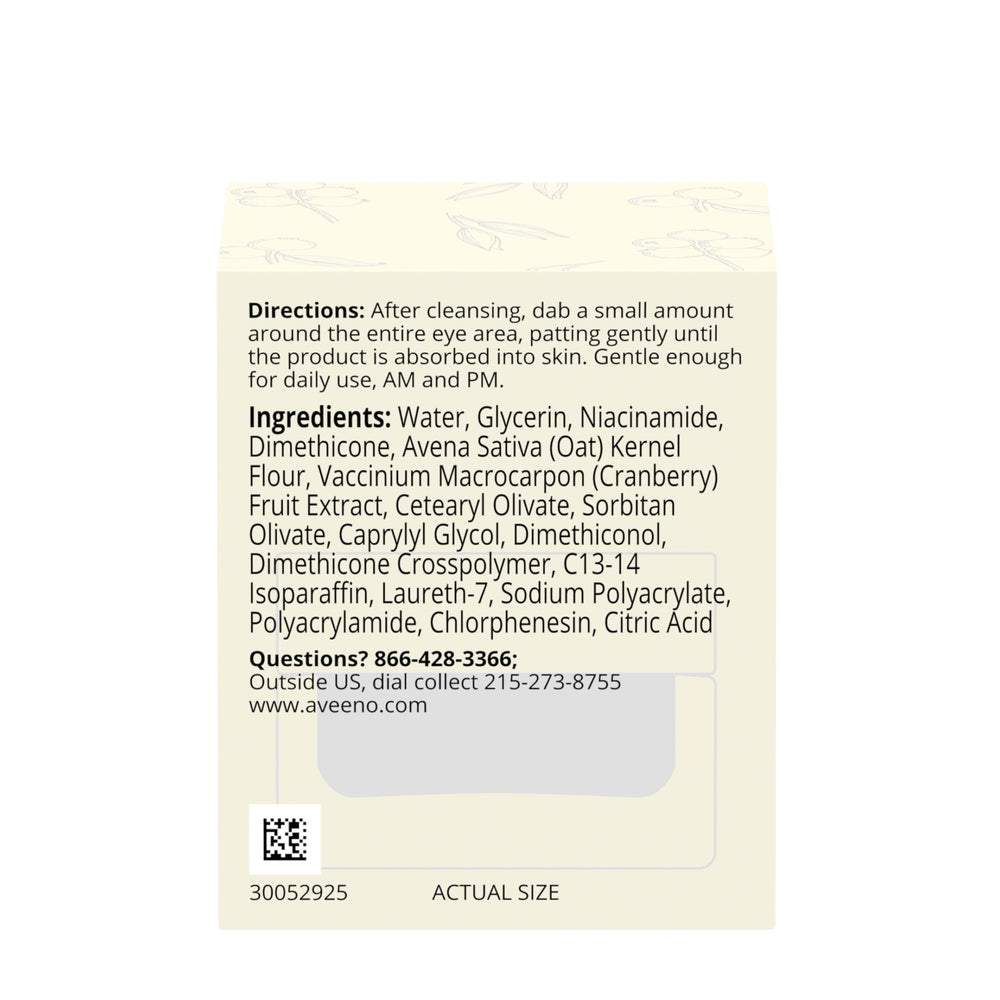 Aveeno Calm + Restore Eye Gel daily-use reminder image showing under-eye regimen.
