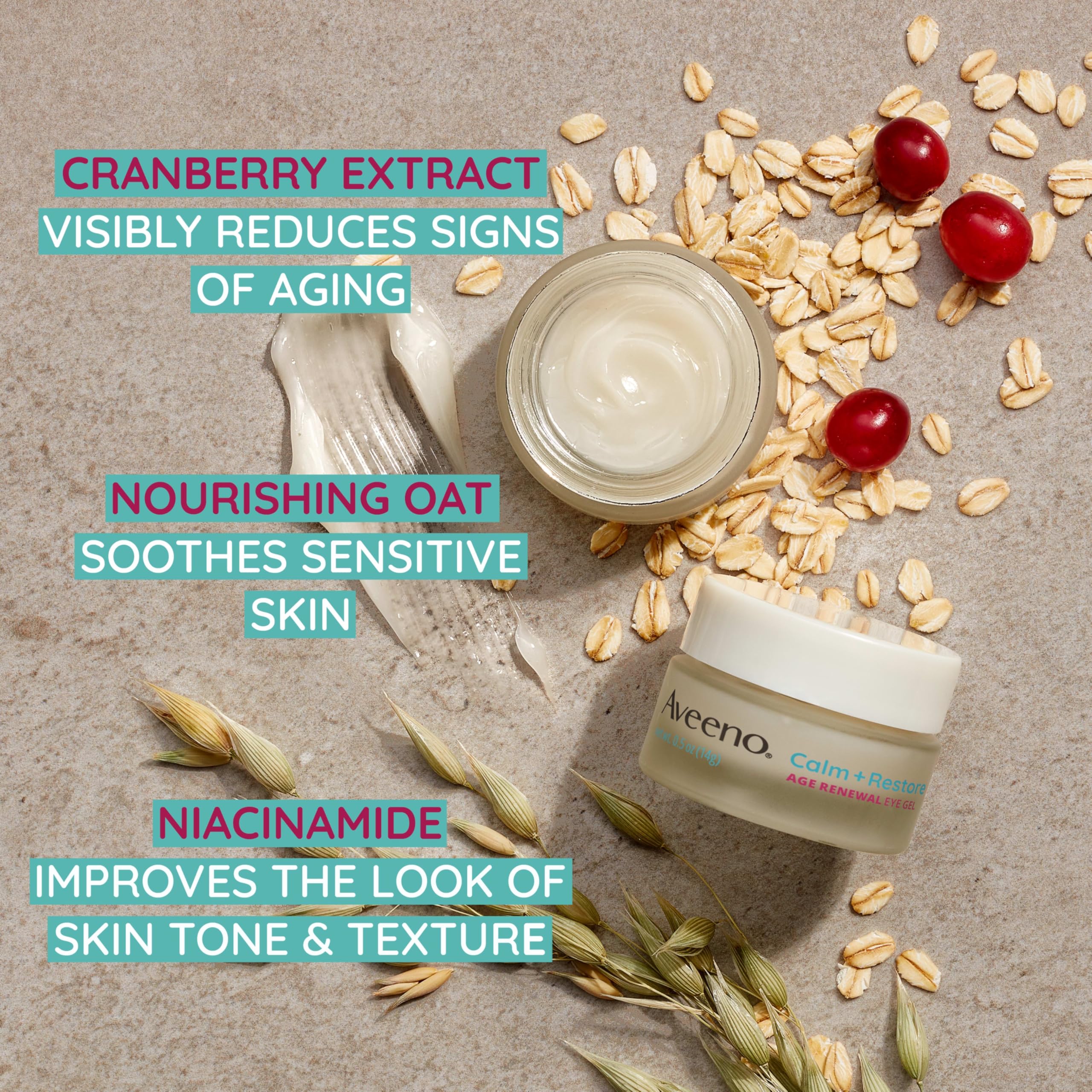 Aveeno Calm + Restore Eye Gel fragrance-free packaging closeup demonstrates gentle, non-irritating formula.