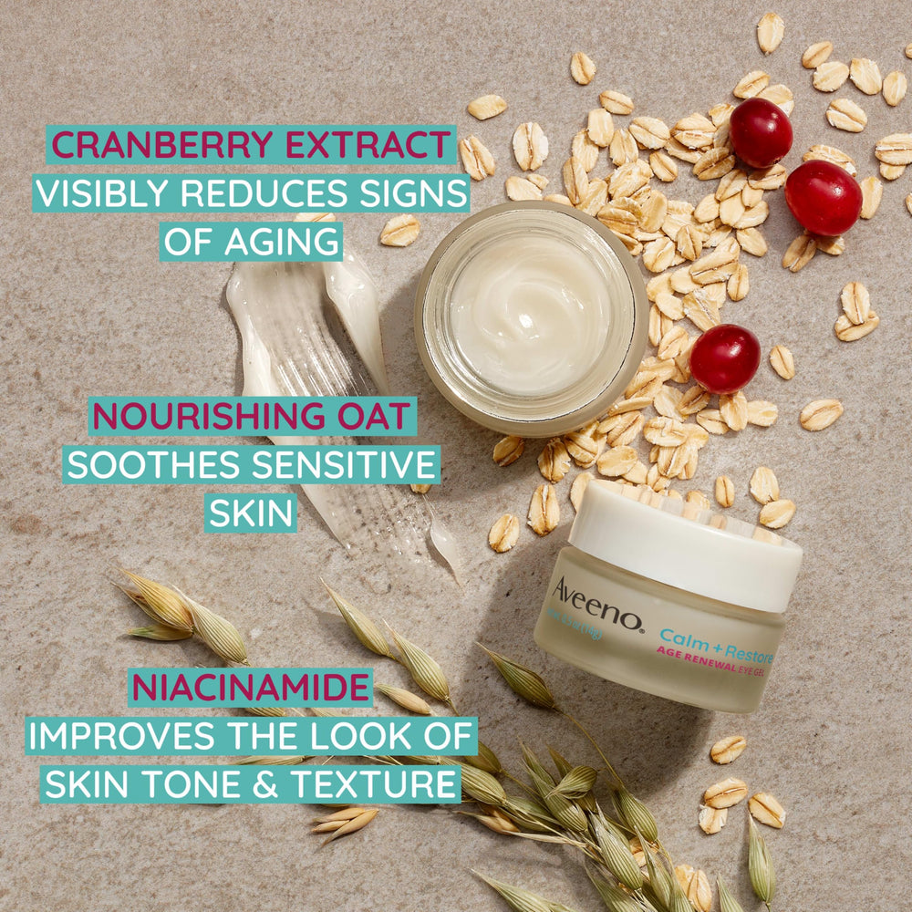 Aveeno Calm + Restore Eye Gel fragrance-free packaging closeup demonstrates gentle, non-irritating formula.
