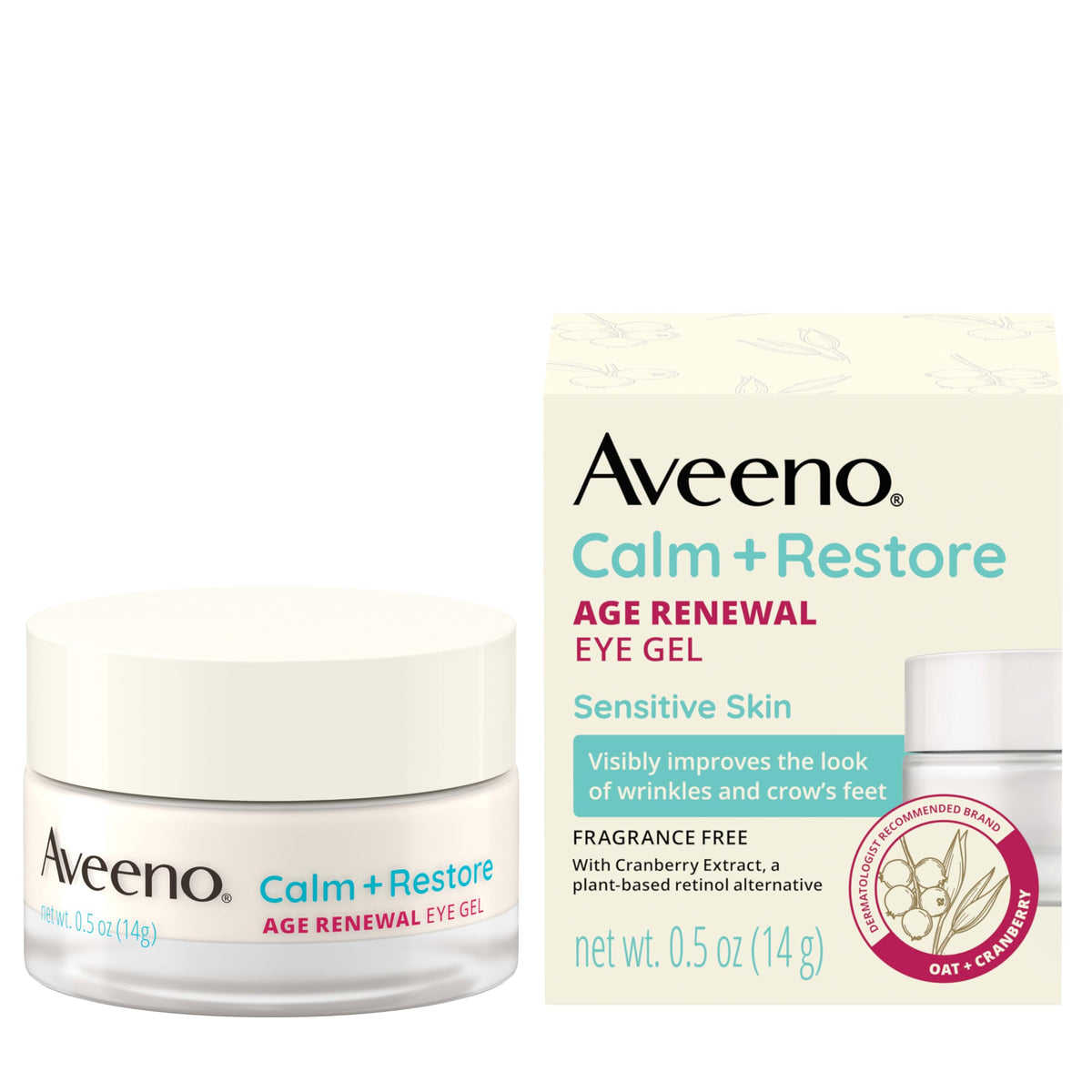 Aveeno Calm + Restore Eye Gel jar closeup, fragrance-free formula for sensitive under-eye skin.