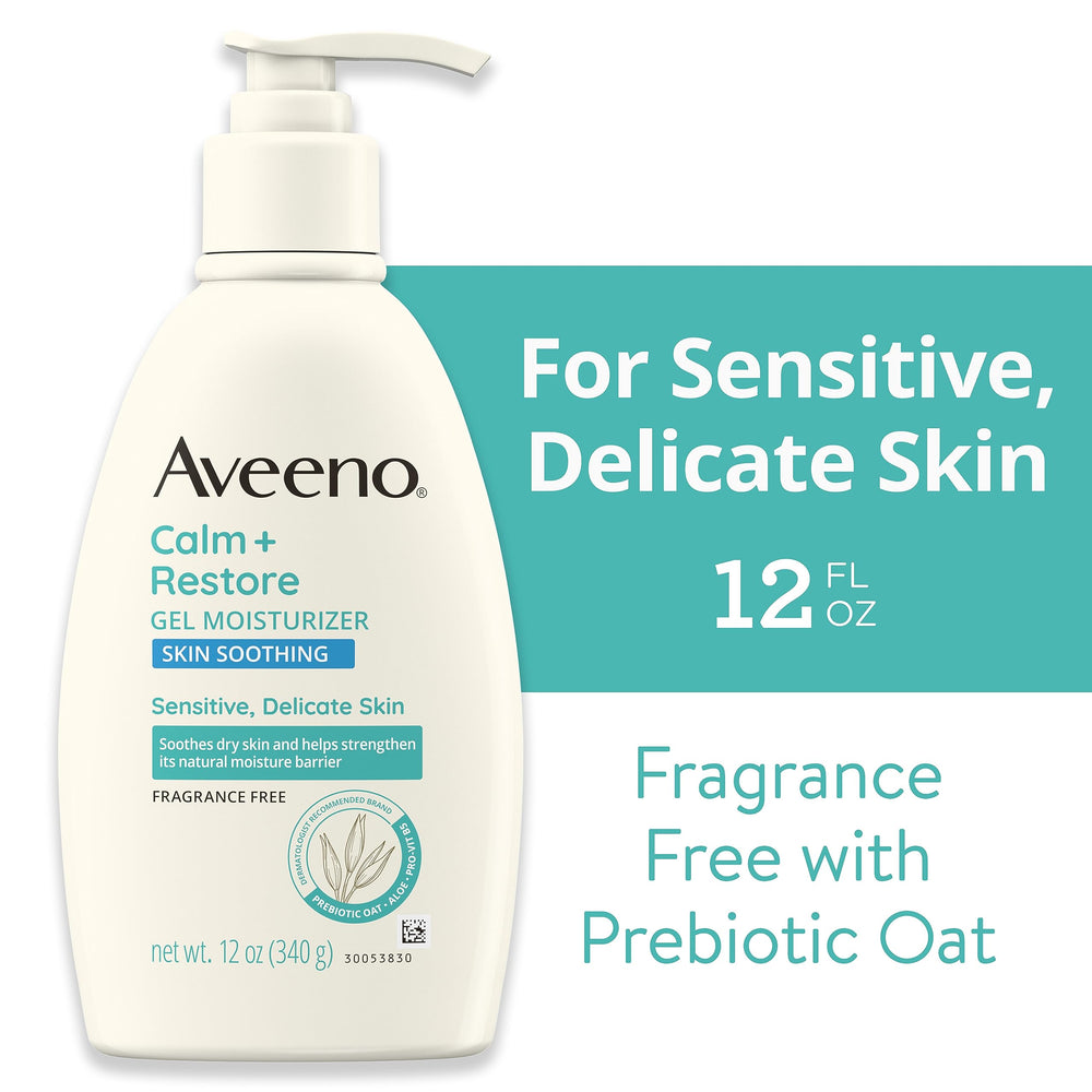 Aveeno Calm + Restore Gel 48-hour moisture claim graphic suggests long-lasting comfort.