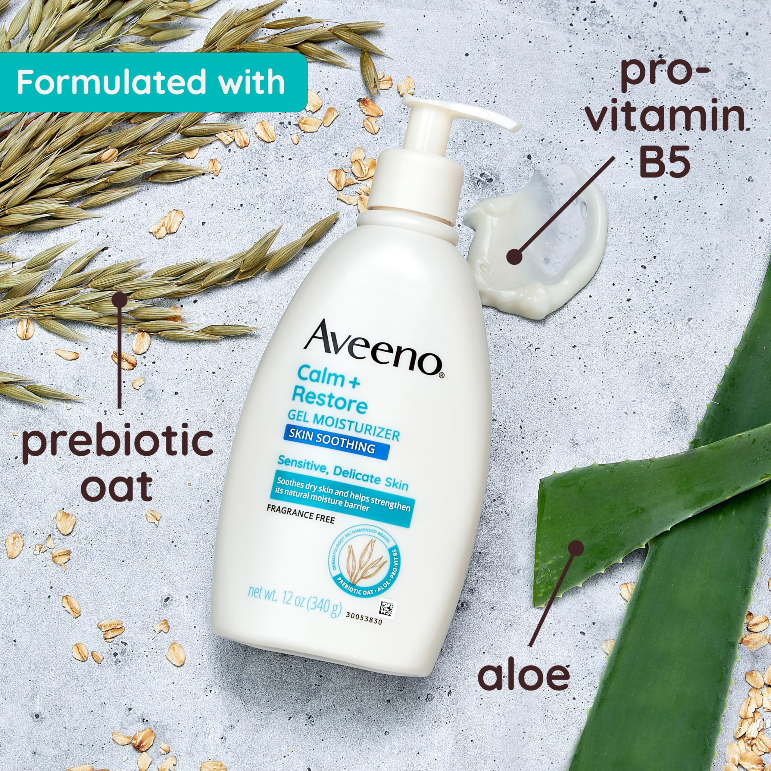 Aveeno Calm + Restore Gel diagonal application view demonstrates easy daily use and non-greasy feel.