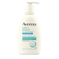Aveeno Calm + Restore Gel bottle front view shows lightweight hydration for sensitive skin.