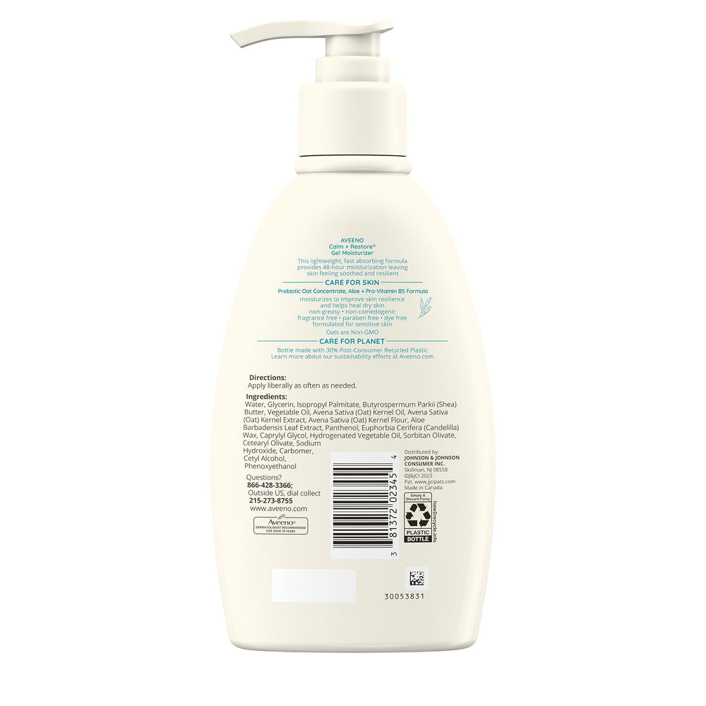 Aveeno Calm + Restore Gel dry skin close-up illustrates daily moisturizing routine.
