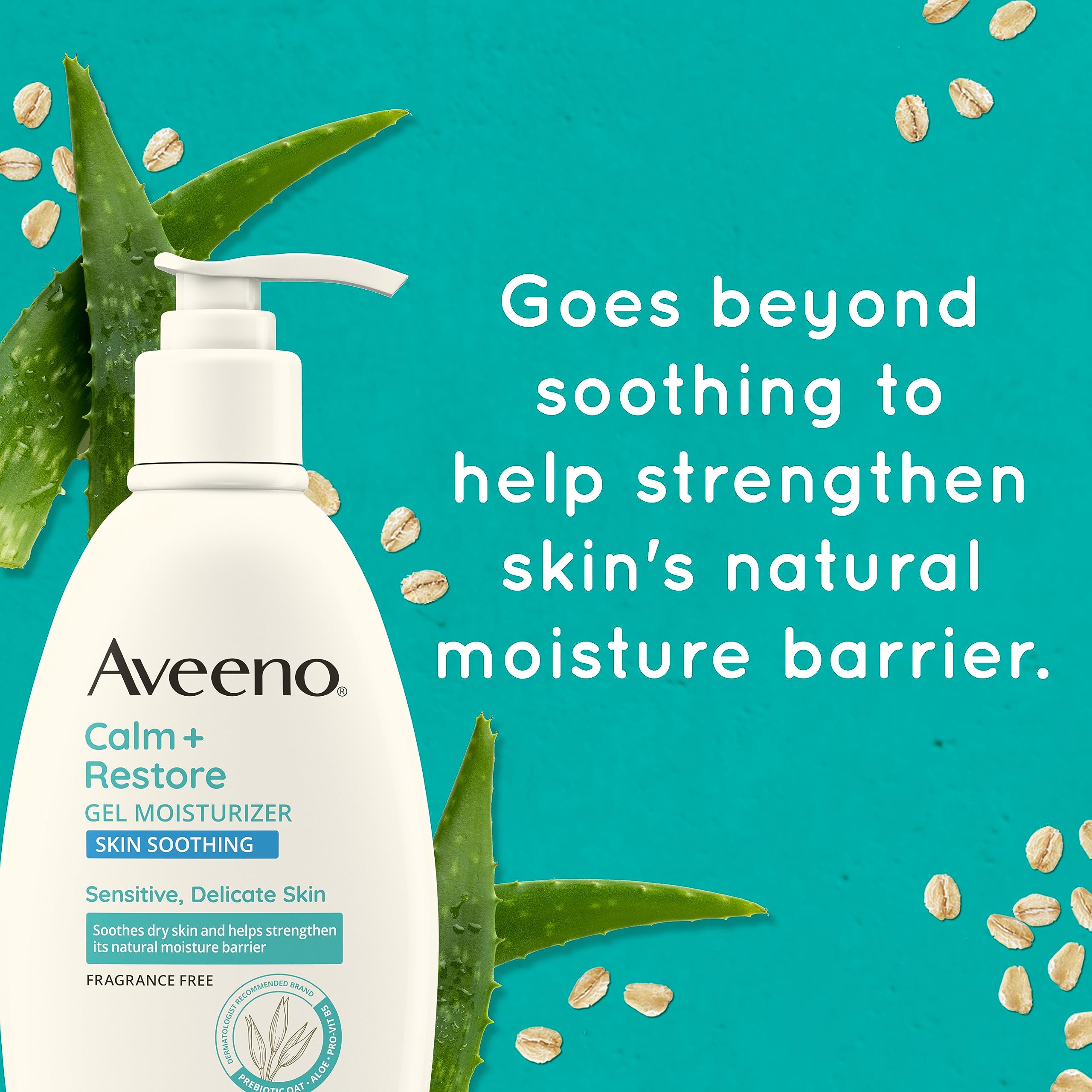 Aveeno Calm + Restore Gel fragrance-free label signals gentle care for sensitive skin.