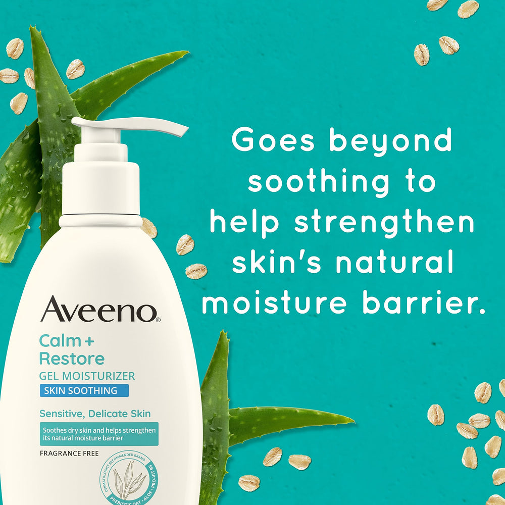 Aveeno Calm + Restore Gel fragrance-free label signals gentle care for sensitive skin.