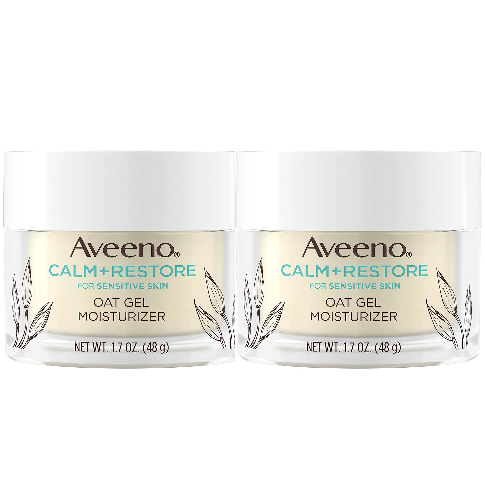 Aveeno Calm + Restore oat gel moisturizer pack of two providing gentle hydration.
