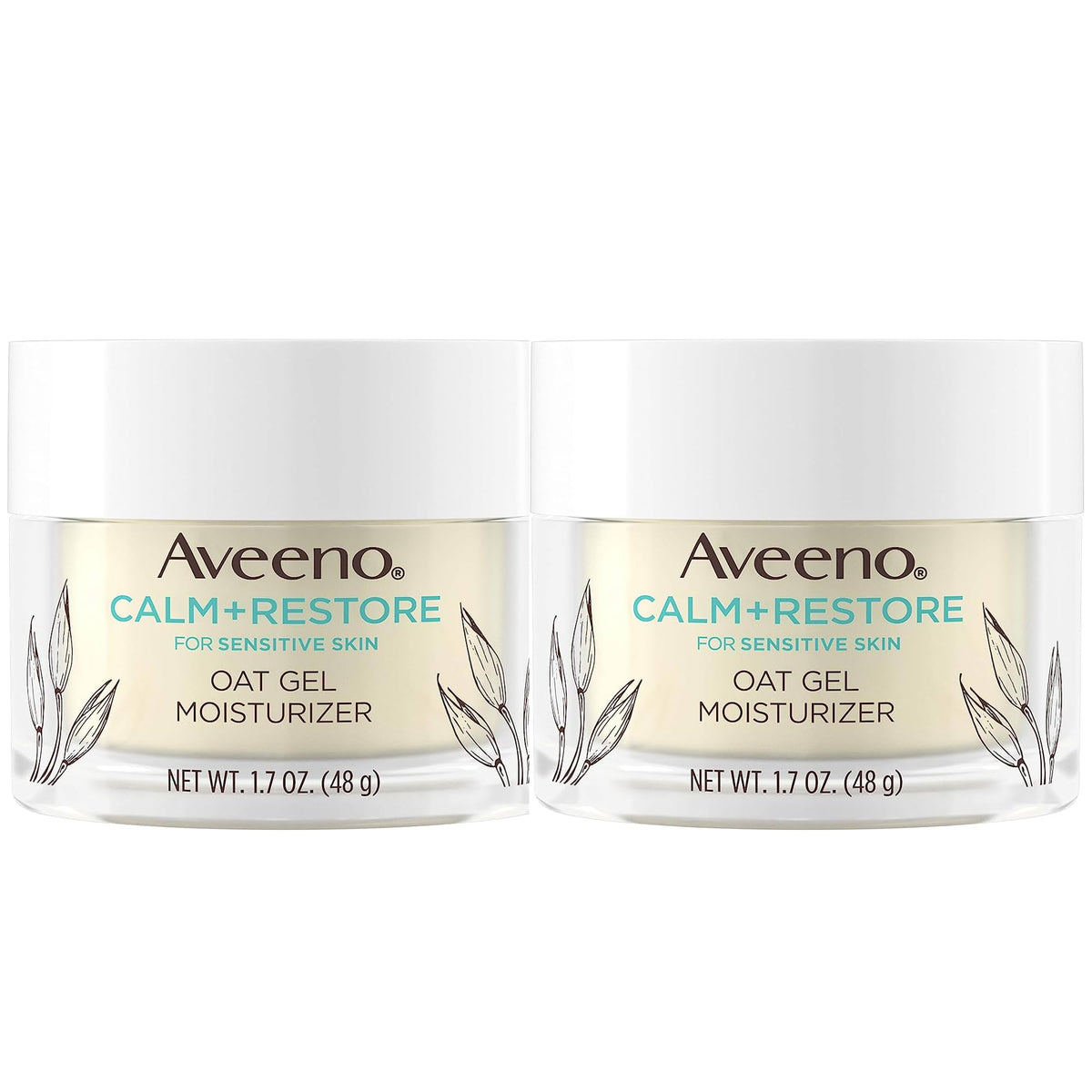 Aveeno Calm + Restore oat gel moisturizer pack of two providing gentle hydration.
