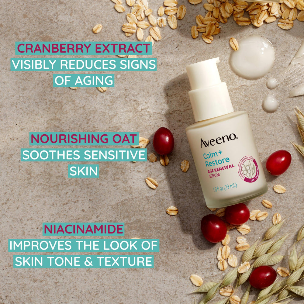 Aveeno Calm Restore bottle on vanity beside moisturizer