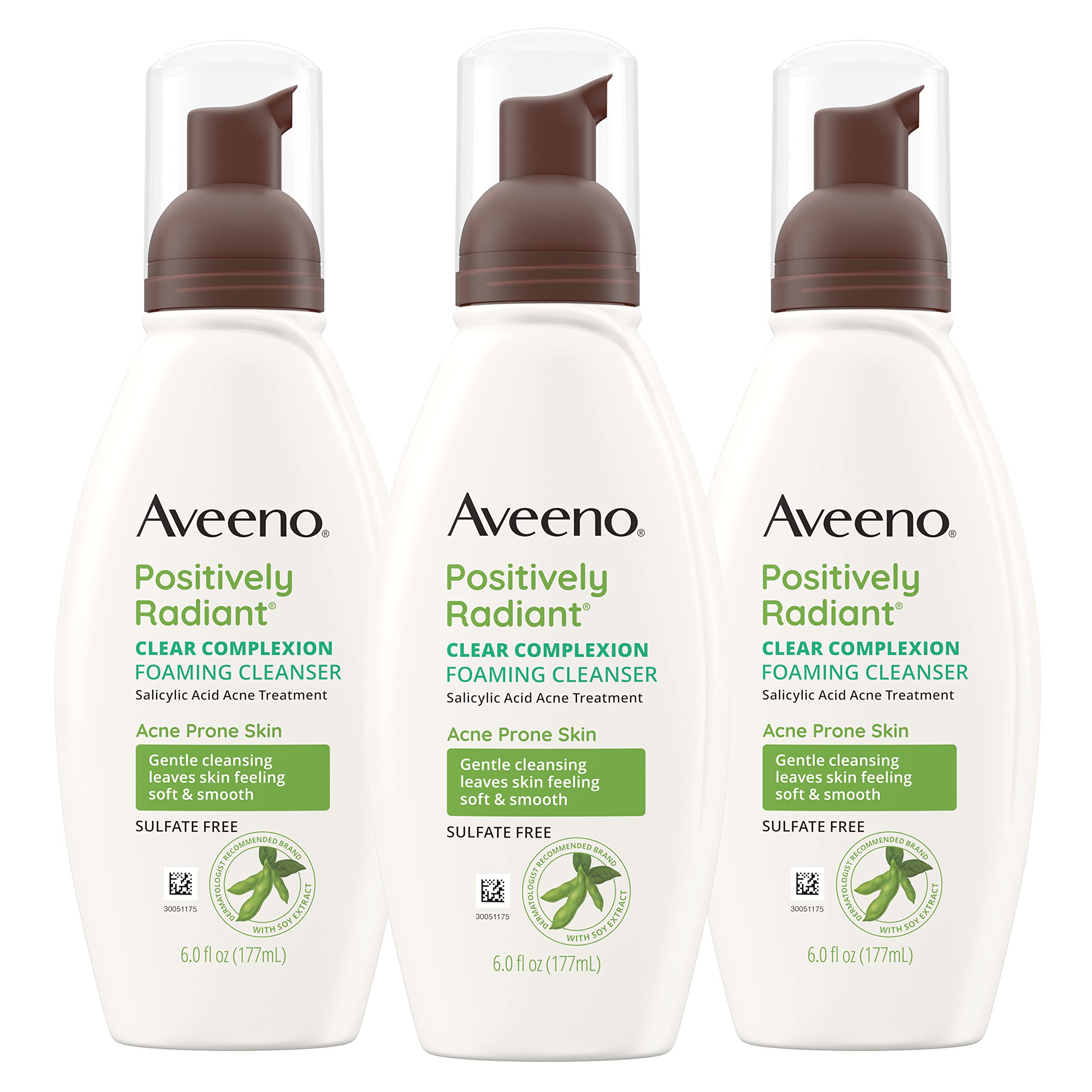 Aveeno Clear Complexion Foaming Cleanser pack of 3 bottles for breakout-prone skin.