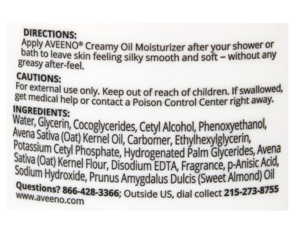 Aveeno Creamy Oil ingredients blend supports nourished skin.