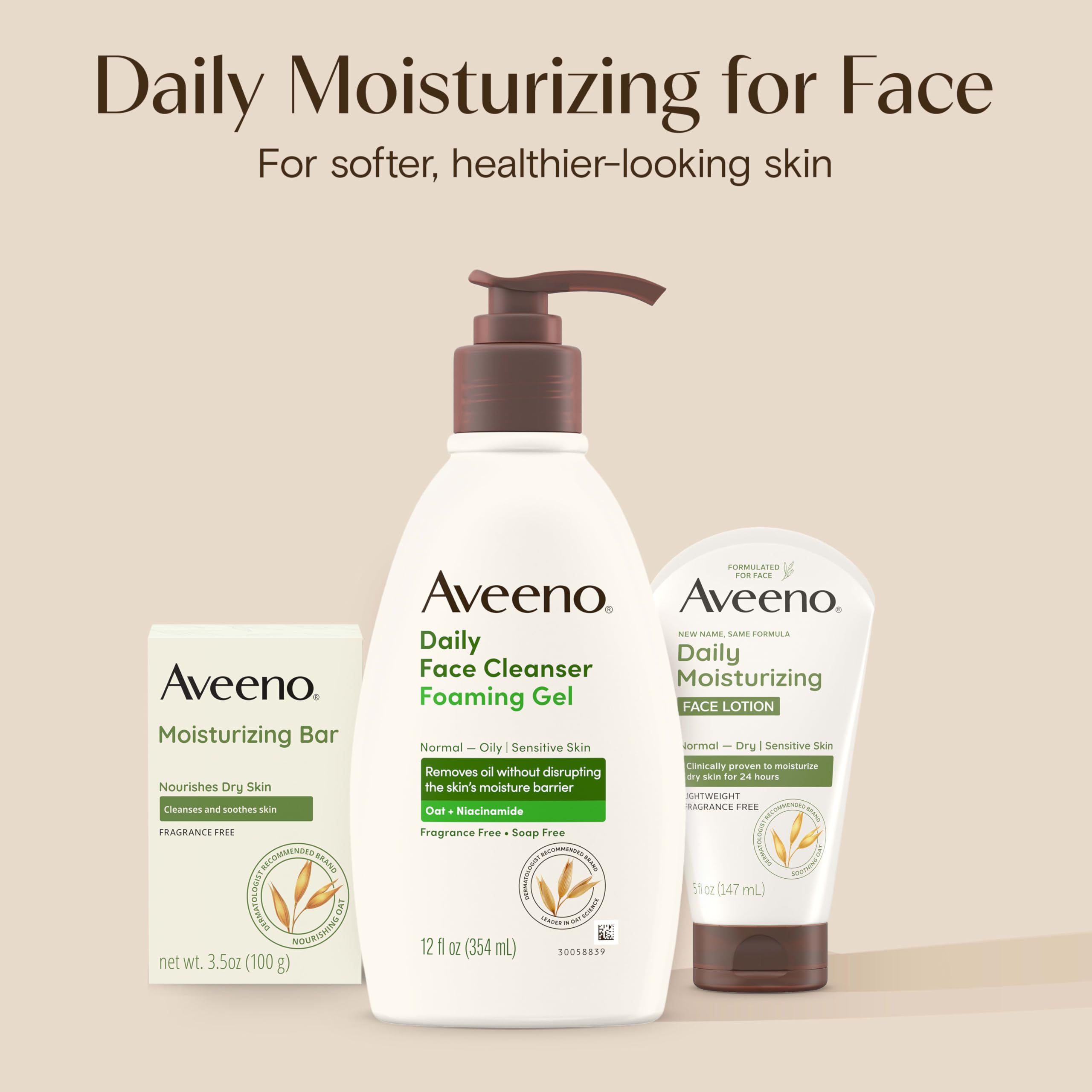 Aveeno daily-use routine setup featuring the cleansing bar and water splash.