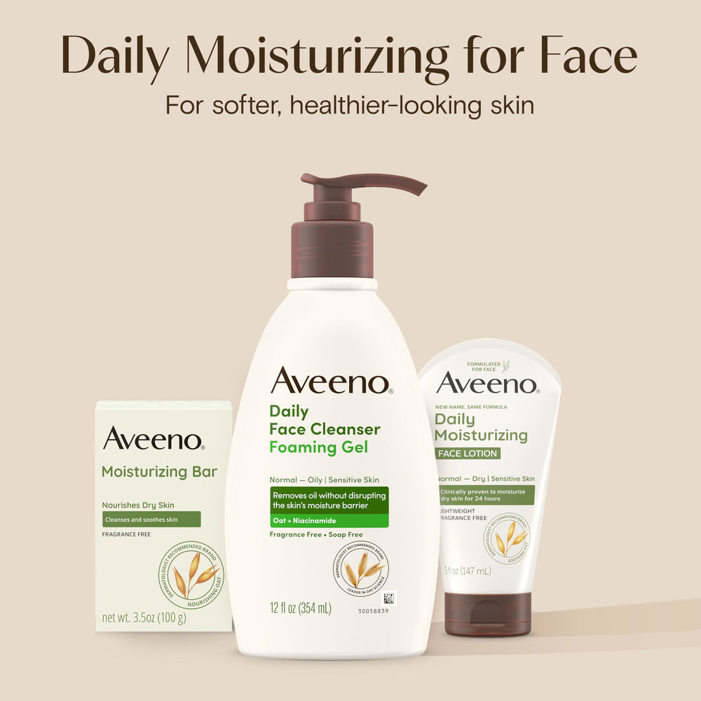 Aveeno daily-use routine setup featuring the cleansing bar and water splash.