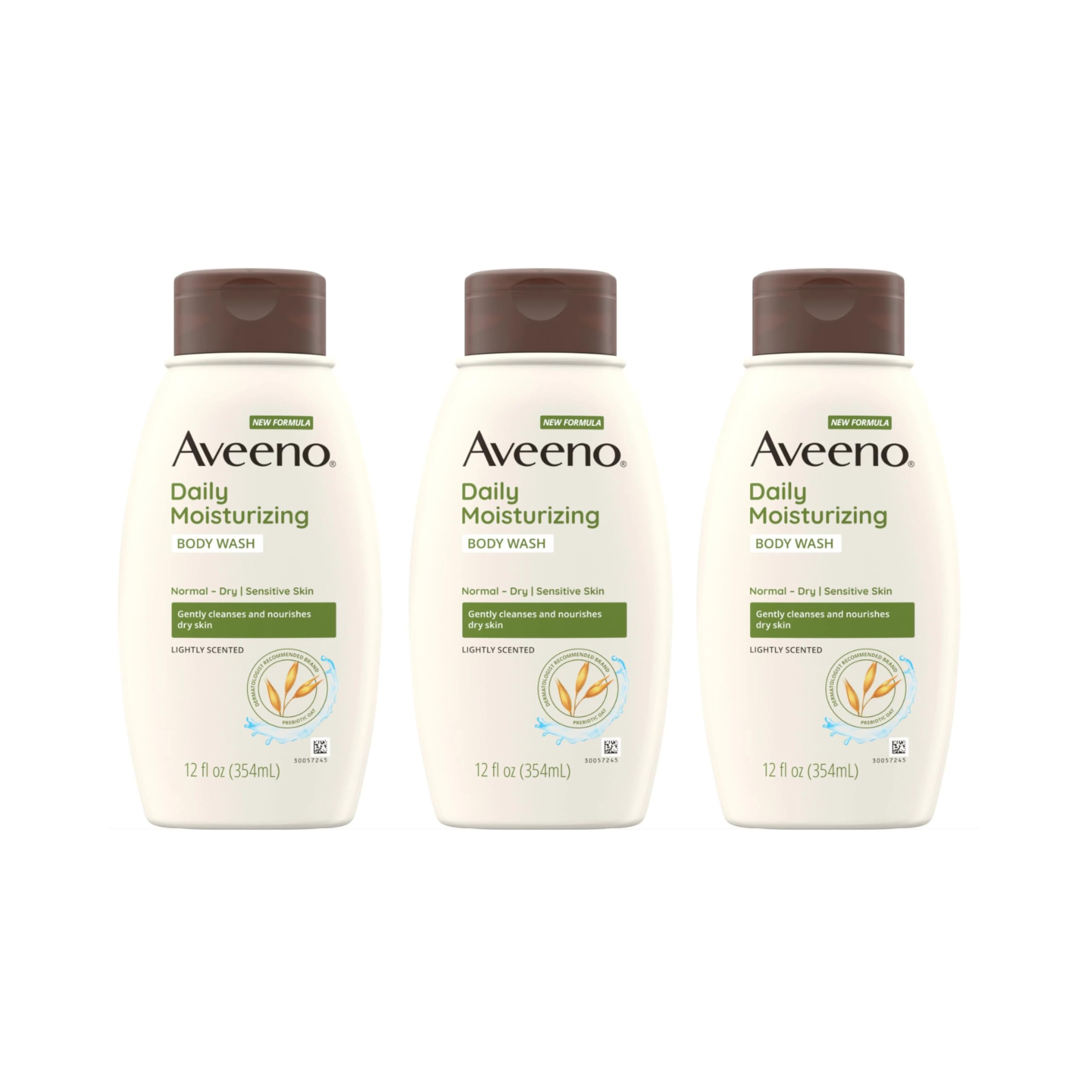 Aveeno Daily Moisturizing Body Wash bottle highlights nourishing oats for gentle cleansing