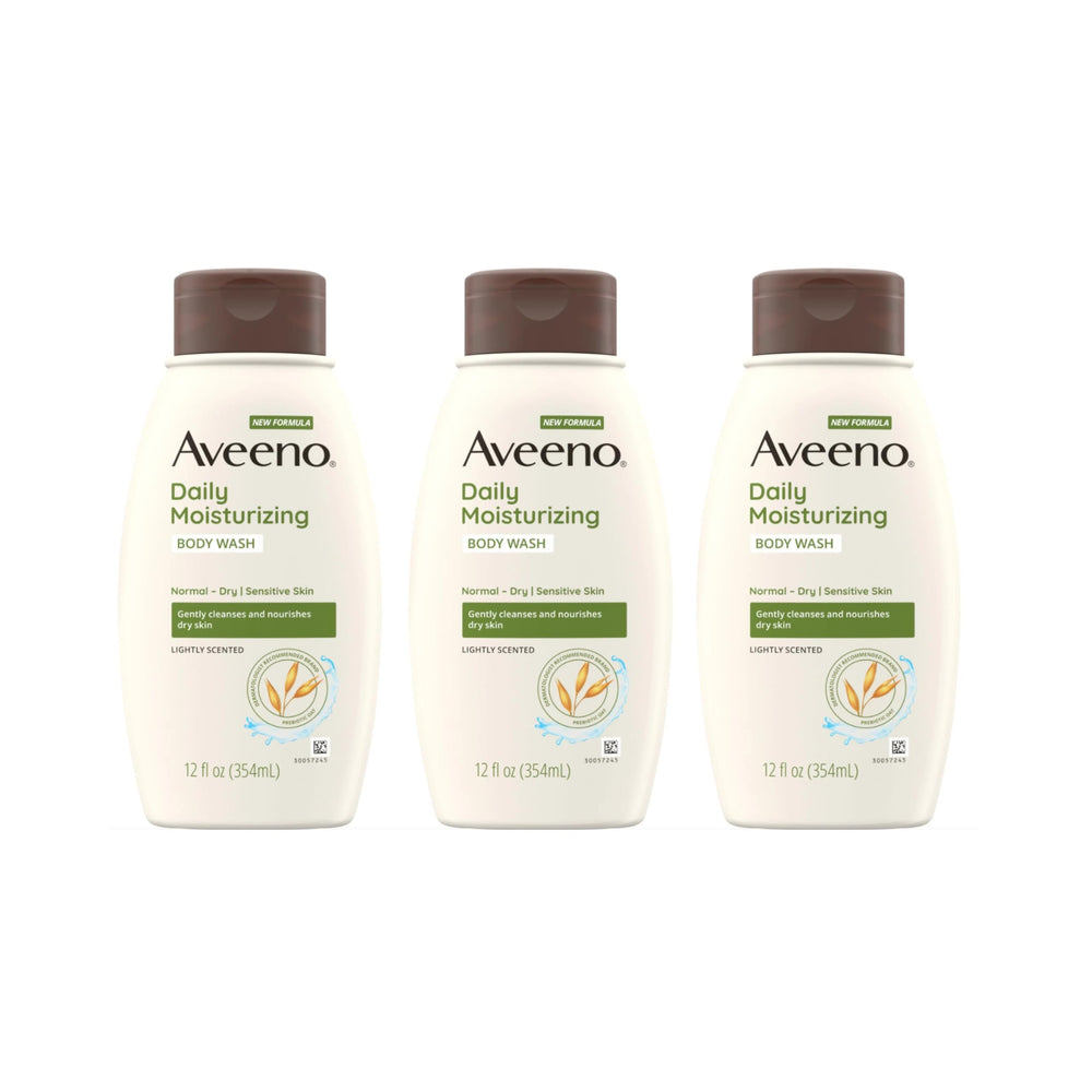 Aveeno Daily Moisturizing Body Wash bottle highlights nourishing oats for gentle cleansing