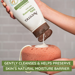 Aveeno Daily Moisturizing Body Wash on wet washcloth demonstrates easy, gentle foaming wash