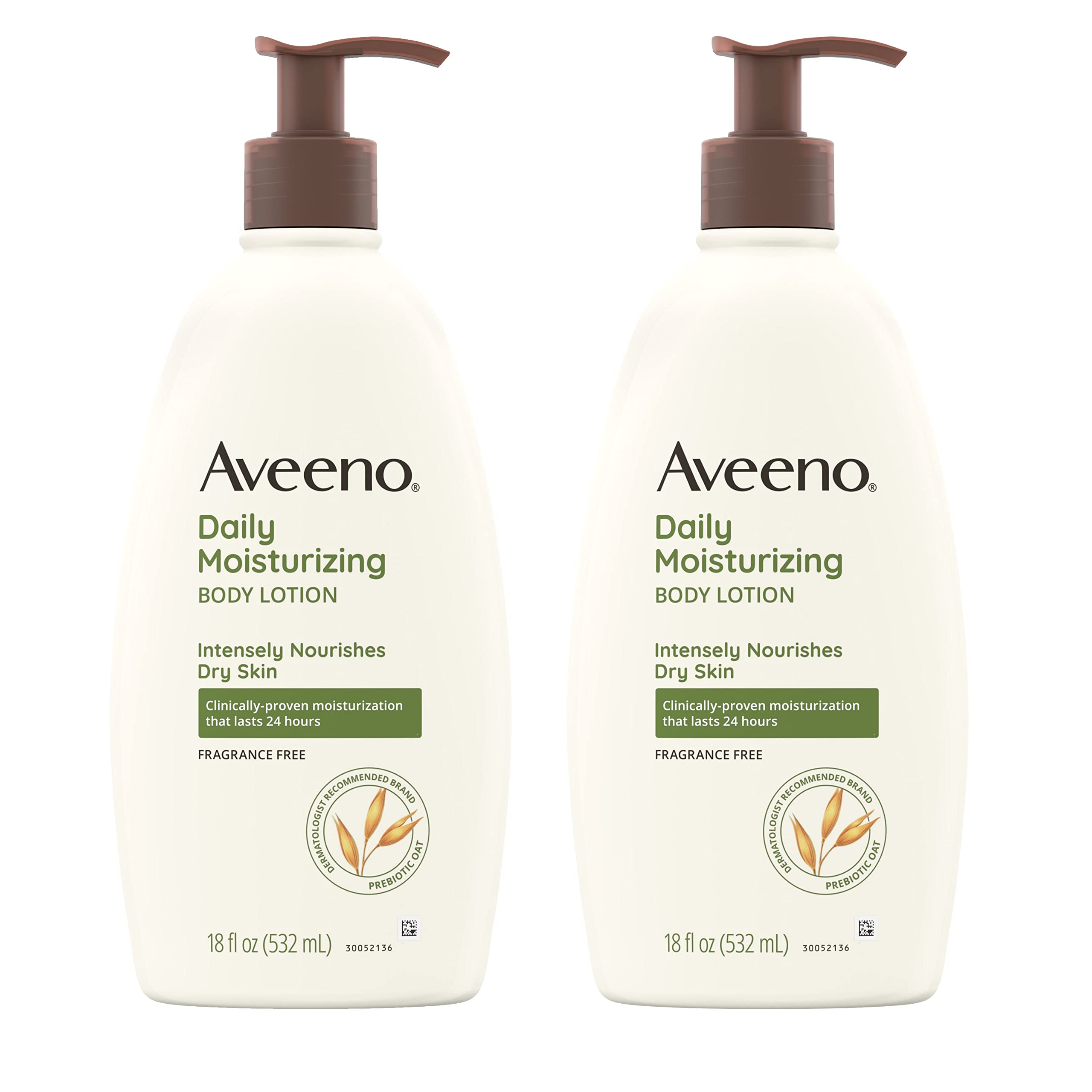 Aveeno Daily Moisturizing Lotion bottle pump two-pack for easy daily hydration.