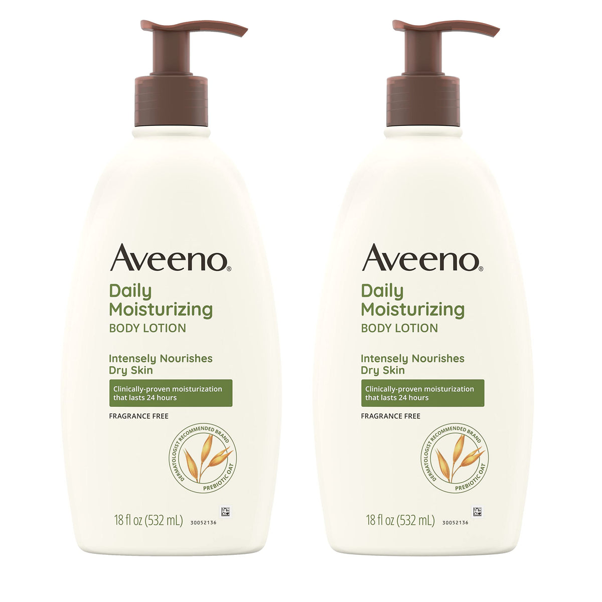Aveeno Daily Moisturizing Lotion bottle pump two-pack for easy daily hydration.