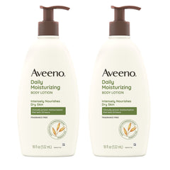 Aveeno Daily Moisturizing Lotion bottle pump two-pack for easy daily hydration.