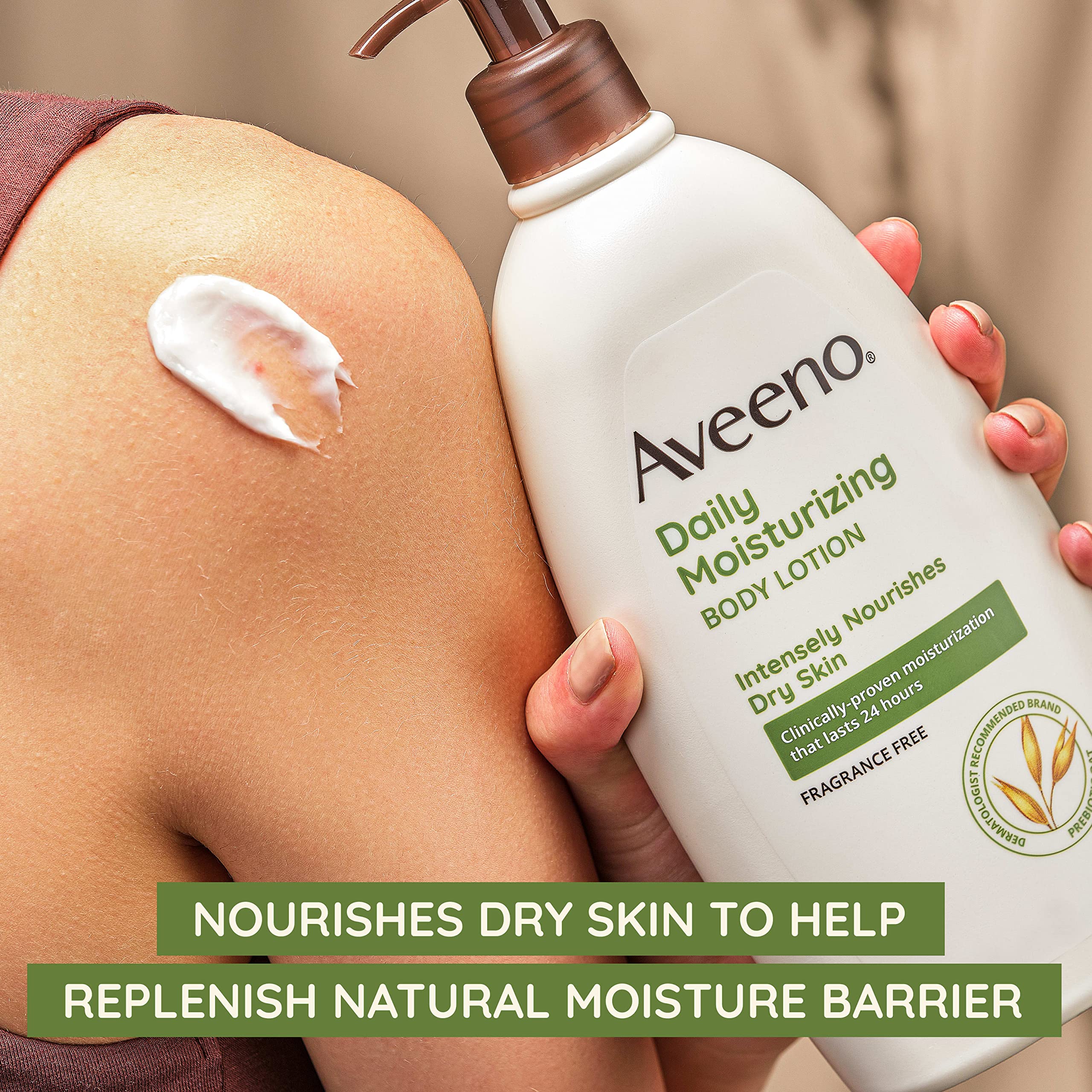 Aveeno Daily Moisturizing Lotion label closeup showing fragrance-free formula.