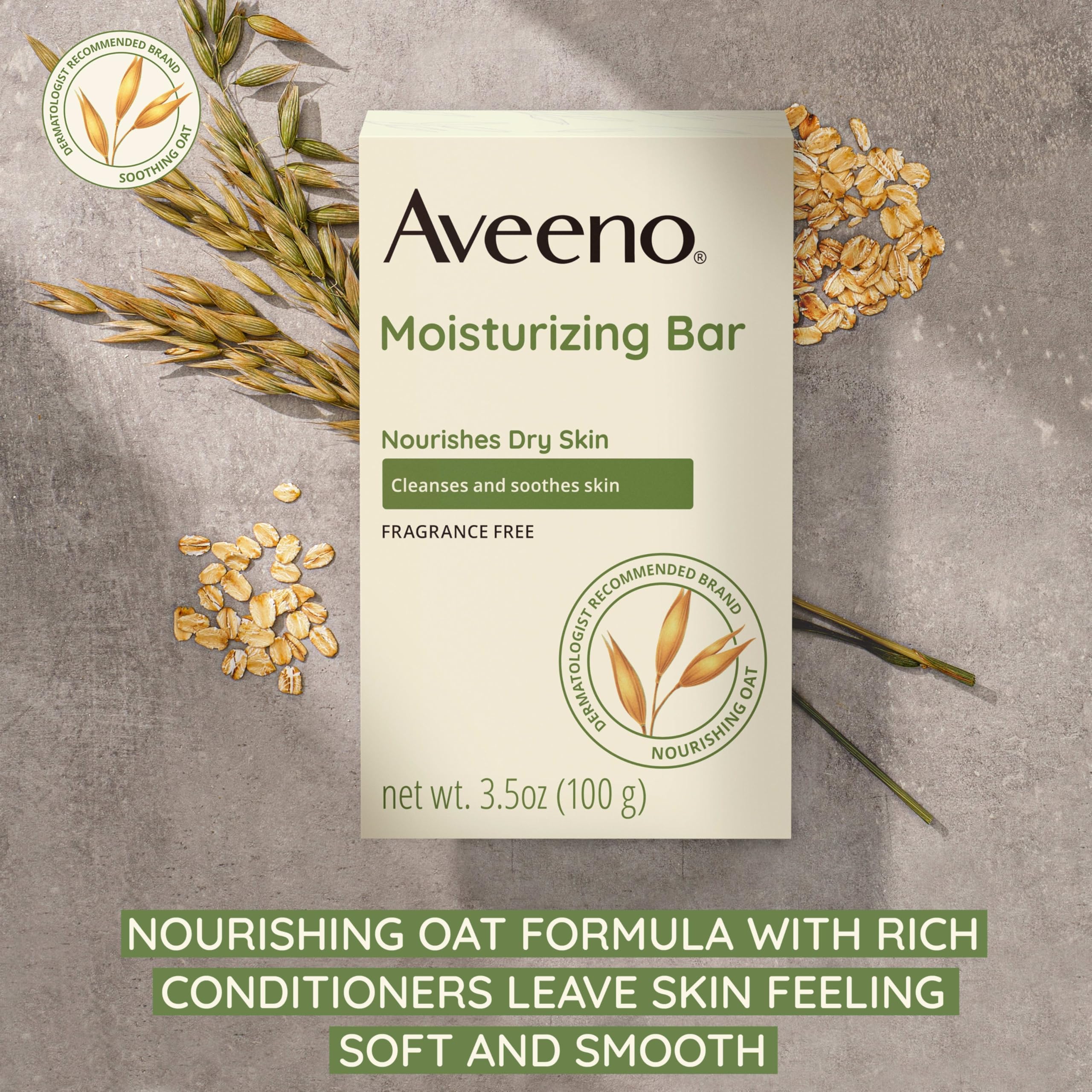 Aveeno face bar fragrance-free close-up highlighting a fragrance-free formula for sensitive skin.