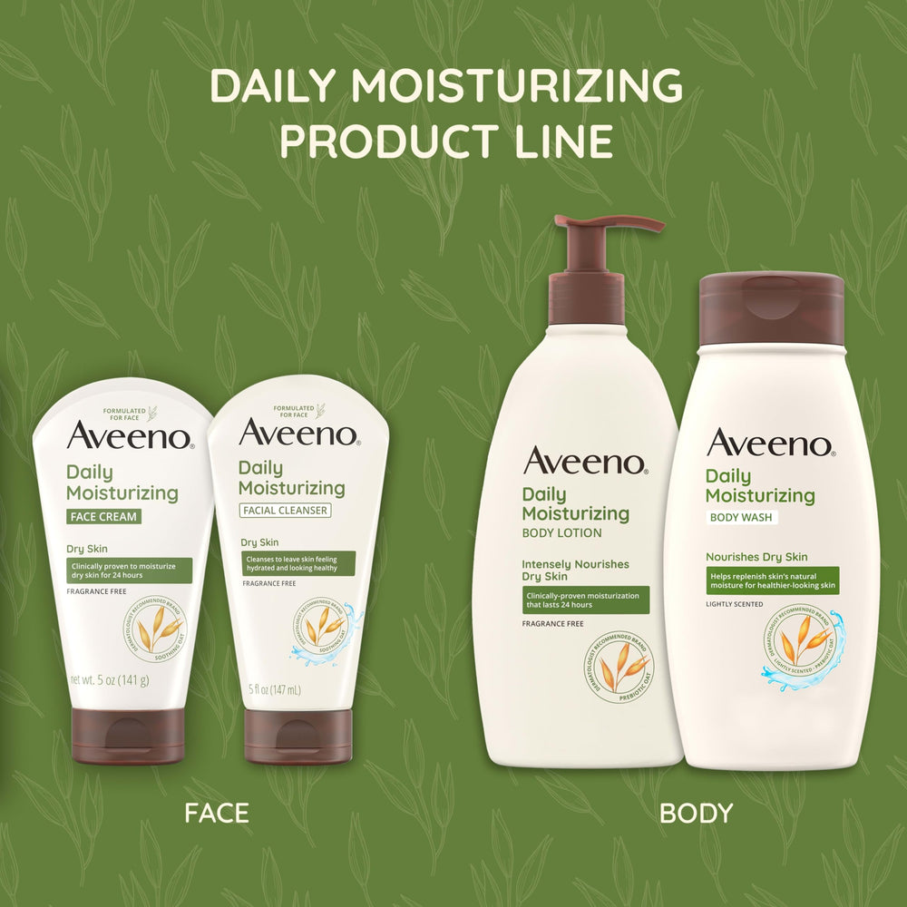 Aveeno fragrance-free formula image highlighting dye-free and soap-free composition.