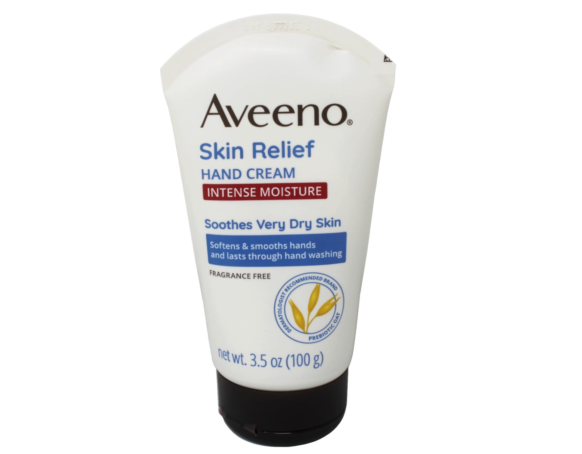 Aveeno hand cream being applied to dry hands for soothing relief.