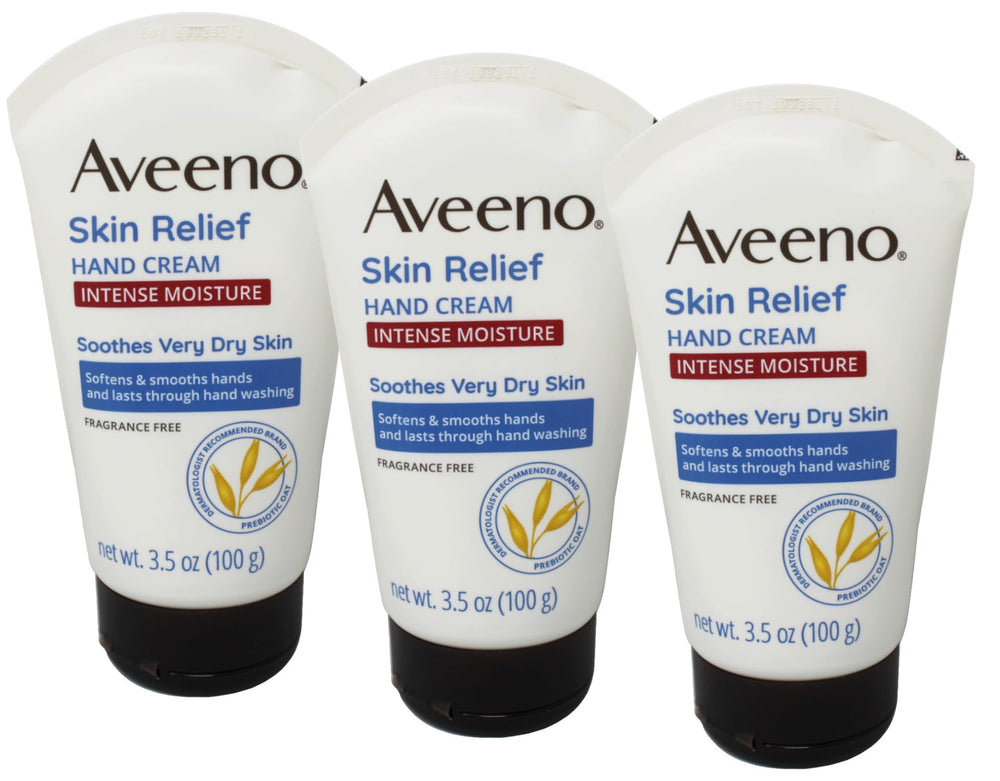 Aveeno Intense Relief Hand Cream pack of three tubes for long-lasting moisture.
