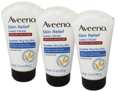 Aveeno Intense Relief Hand Cream pack of three tubes for long-lasting moisture.