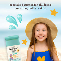 Aveeno Kids sunscreen stick applied to a child’s face for easy protection.