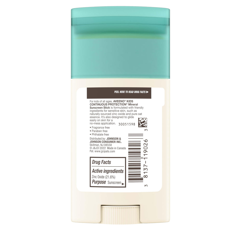 Aveeno Kids mineral sunscreen stick for face and body protection.