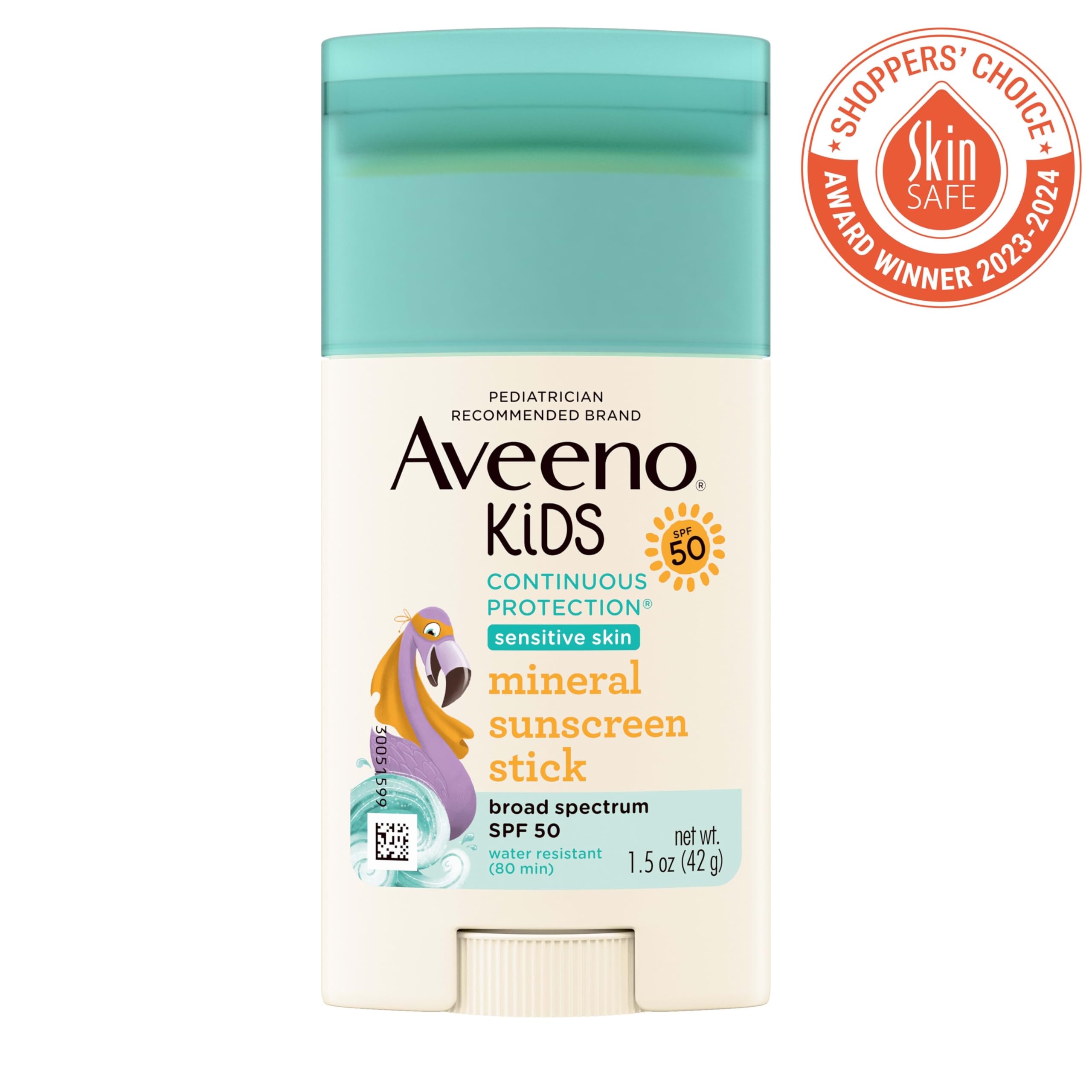 Aveeno Kids sunscreen stick with pure oat essence for gentle skin care.