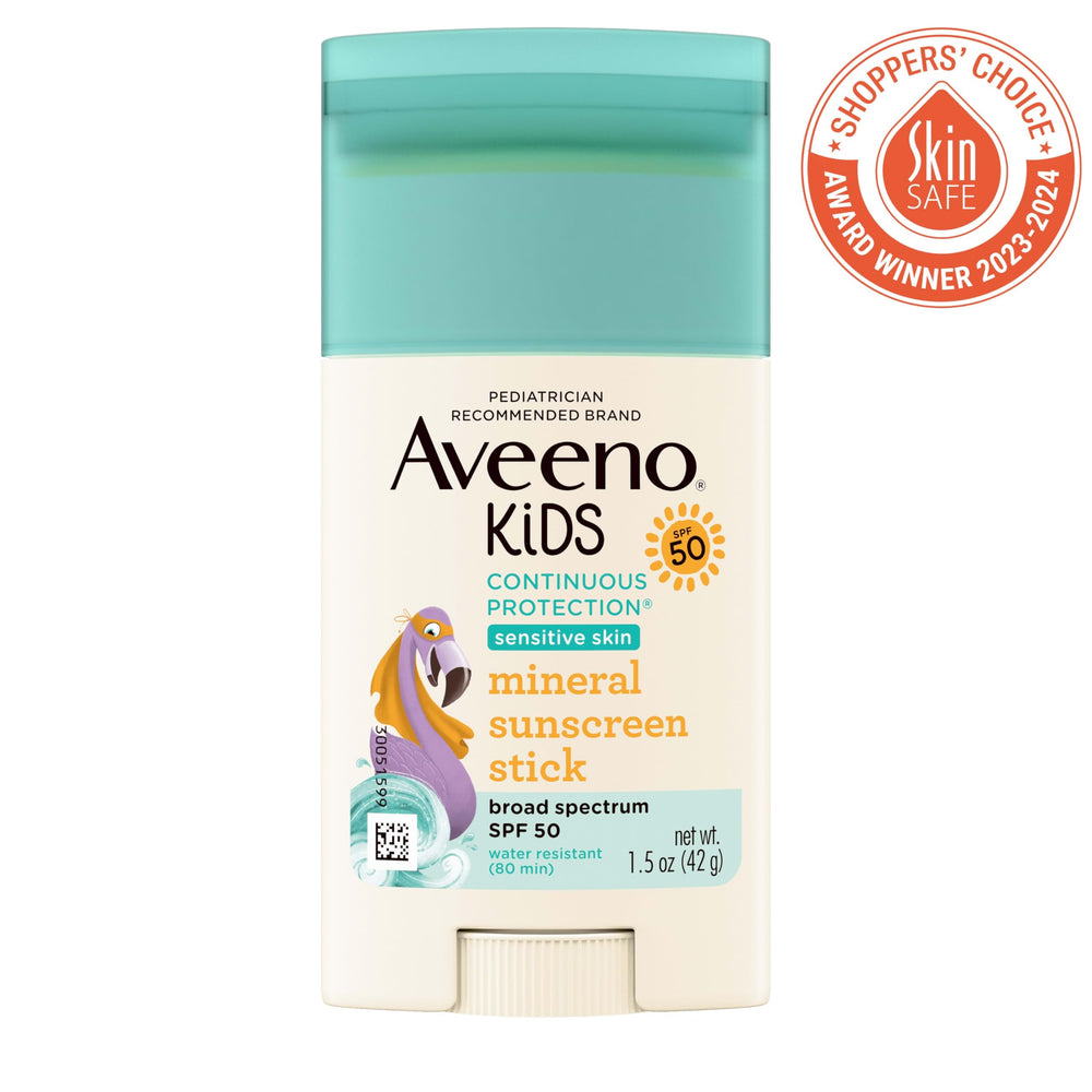 Aveeno Kids sunscreen stick with pure oat essence for gentle skin care.